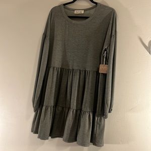 Olive Heather green, baby ball long elastic sinched sleeve foley midi dress